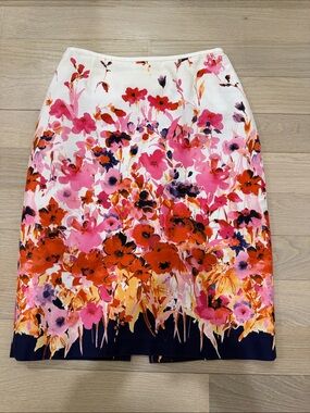 Tahari White Floral Pencil Skirt with Pink & Orange Accents